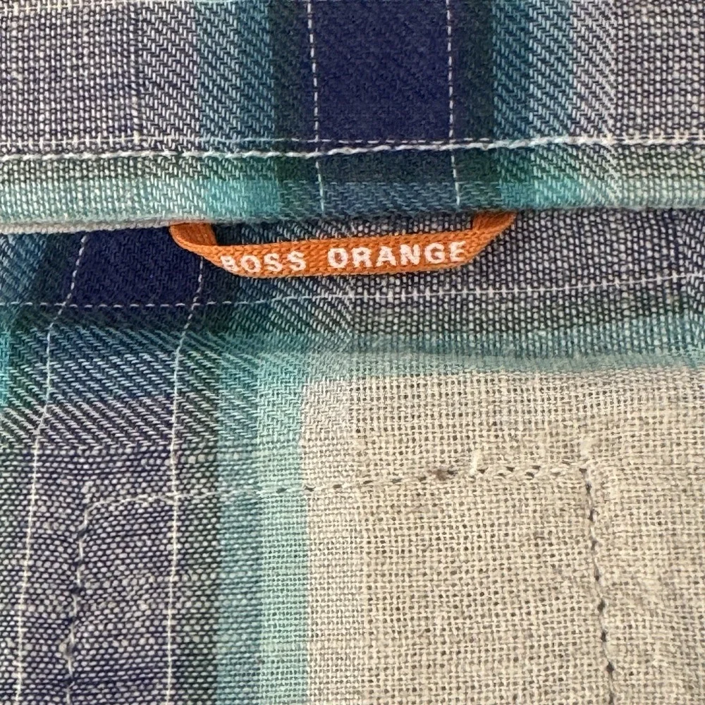 Boss Orange by Hugo Boss Mens M Shirt Blue White Plaid Print Linen Short Sleeves